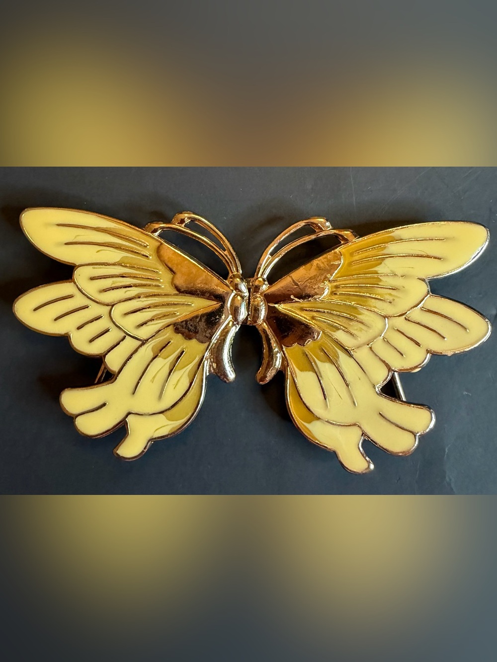 Butterfly Theme Metal Belt Buckle Gold Beige Yellow Enamel Accessory  5”